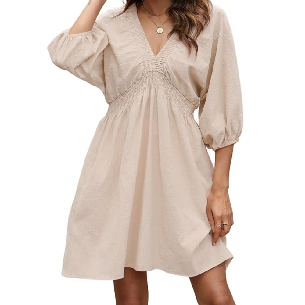 Chic Beige V-Neck Long Sleeve Mini Dress